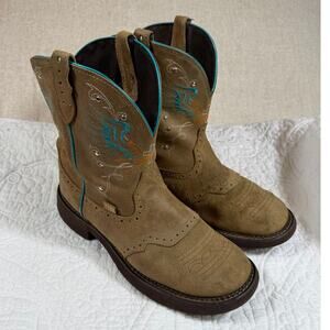 Justin Gypsy Womens 9.5B Brown Cross Teal Trim Western Leather Cowboy Boots